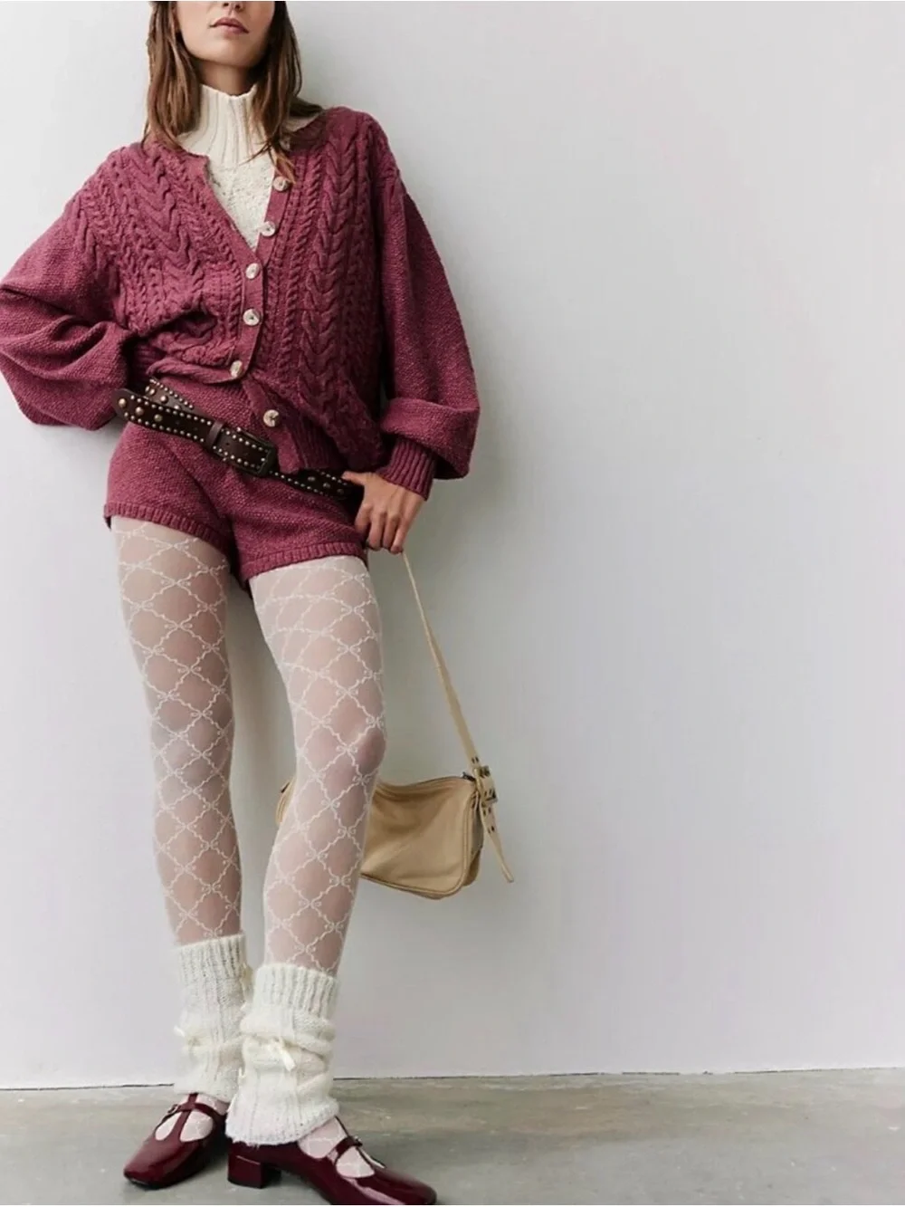 Free People Ribbon Chain Tights (Cream) OS NWT